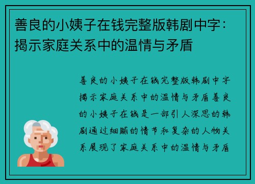 善良的小姨子在钱完整版韩剧中字：揭示家庭关系中的温情与矛盾